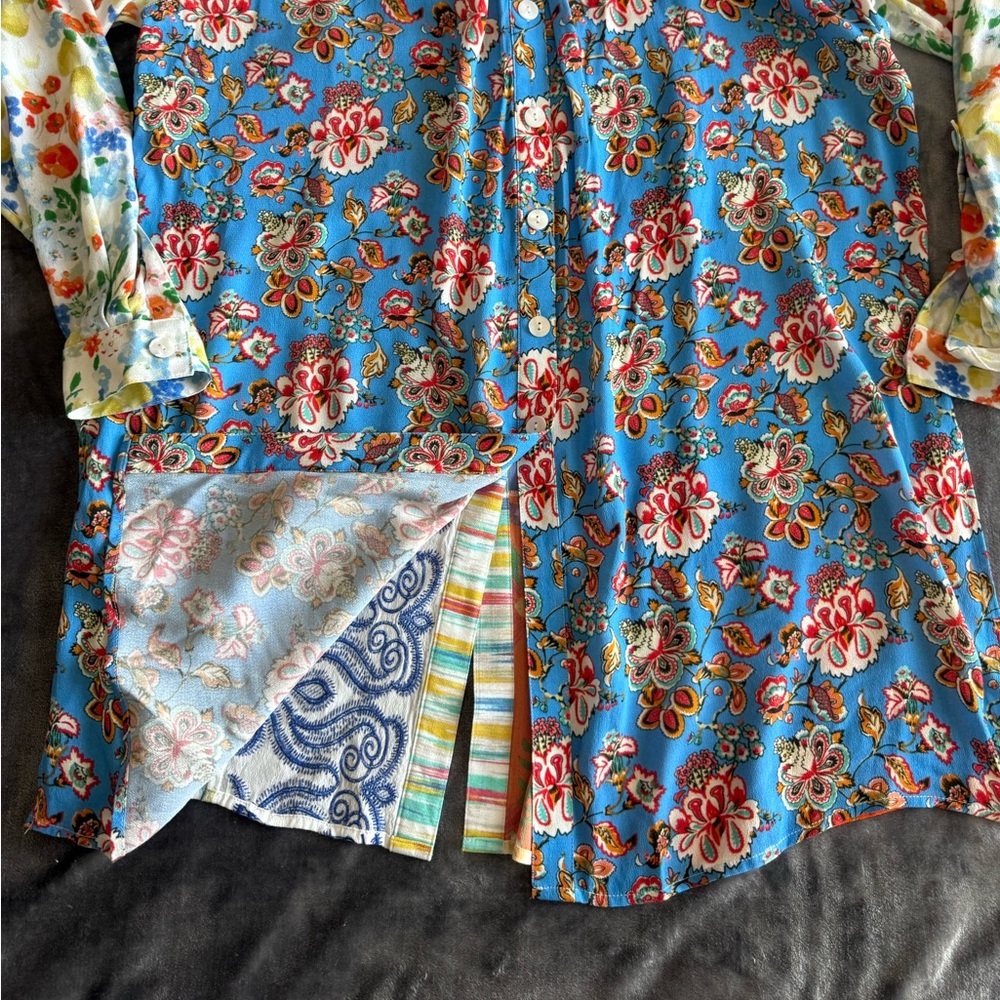 JOHN MARK Patchwork Floral Print Roll Tab Sleeves Tunic Shirt Size M Boho RARE - Picture 16 of 16